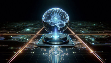 3D rendering of a hologram of a human brain on an electronic circuit