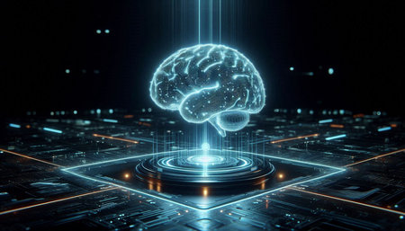 Digital human brain hologram over futuristic cyberspace background 3D rendering