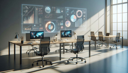 3d render of a modern office interior with computers and charts on the wall