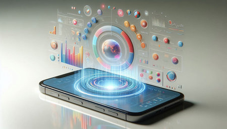 Futuristic user interface on a smart phone 3D rendering toned image