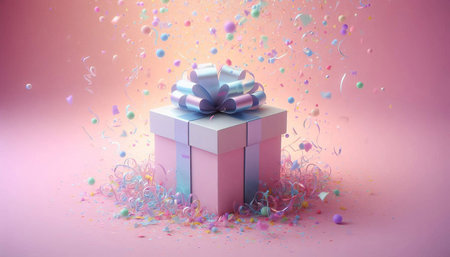 Gift box with ribbon and confetti on pink background. 3d rendering