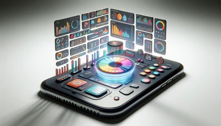3D illustration of a remote control with business charts and pie charts