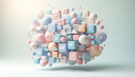 3d rendering of colorful social media icons floating in air on white background