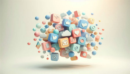 3d rendering of colorful social media icons flying in the air.