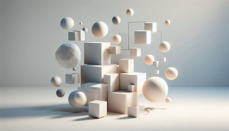 Abstract 3d rendering of geometric shapes. White background with white cubes.