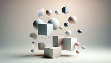 Abstract 3d rendering of geometric shapes in white studio background. Minimal composition.
