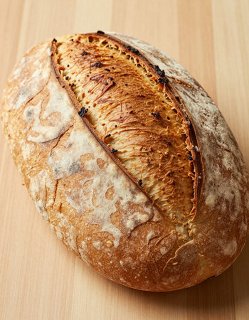 Freshly baked bread on wooden table. Shallow dof.