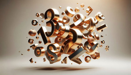 3d rendering of golden metallic numbers. Abstract background with numbers.