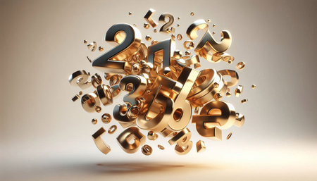 3d render, abstract background, golden numbers 2021, percent discount, new year concept
