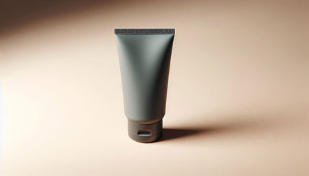 Plastic bottle of cosmetic product on a beige background with shadow