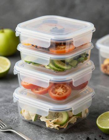 Plastic containers with different healthy food on grey table, closeup