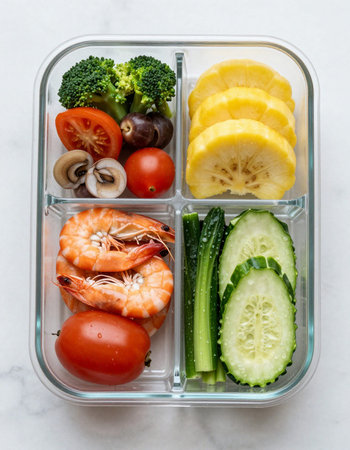 Healthy lunch box with shrimps, prawns and vegetablesの写真素材