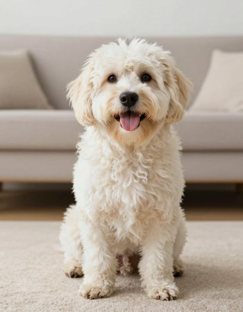 Cute white dog sitting on carpet at home in the living room