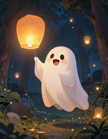 ghost with lantern in the forest at night, 3d illustration.