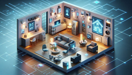 3D isometric illustration of the interior of a living room with furniture