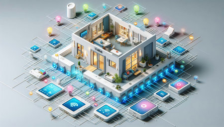 Illustration of a modern office building with a lot of electronic devices around it