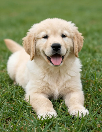 Cute Golden Retriever puppy sitting on the green grass.の写真素材