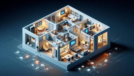 Modern house isometric view 3d rendering on a dark blue background