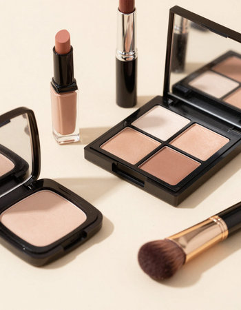Makeup brushes and eyeshadow palette on a white background.
