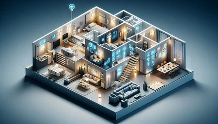 Modern hotel isometric view 3D rendering on a dark blue background
