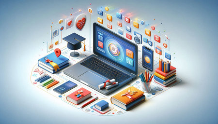 Online education concept with laptop, tablet pc, books and mortarboard