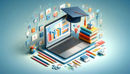 Online education concept with laptop, books, mortarboard and graduation cap