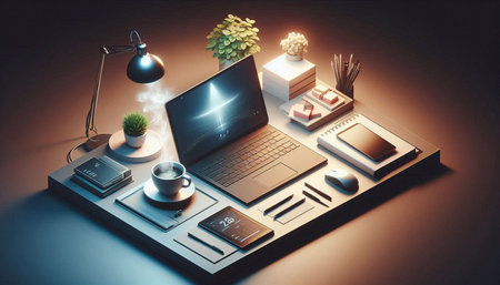 Top view of modern workplace with laptop, coffee cup and other items. 3D Rendering