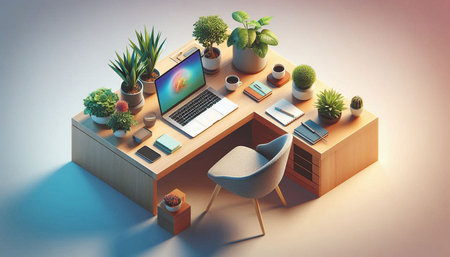 Top view of modern workplace with laptop and other items on wooden table. 3D Rendering