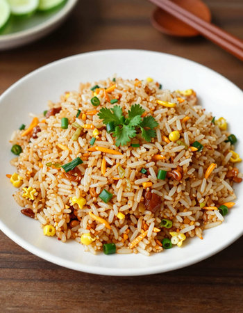 Fried rice with pork and vegetables in white plate on wooden backgroundの写真素材