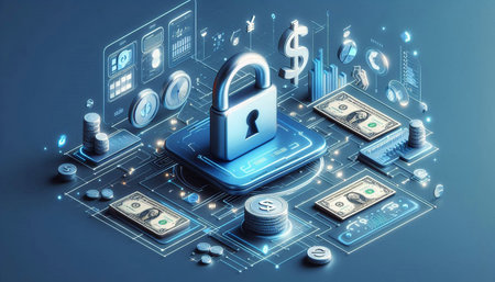 Cyber security concept with money and lock on blue background 3D rendering