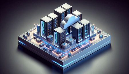 Data center concept in isometric view on dark background 3D rendering