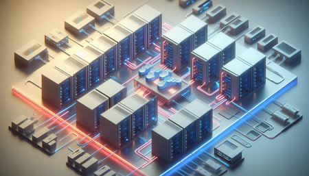 3d rendering of server room data center with neon lights on background