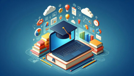Laptop with graduation cap and books on blue background. 3D rendering