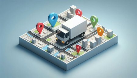 3d illustration of lorry on the road surrounded by map pointers