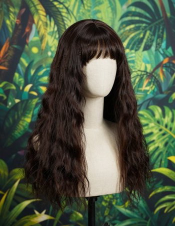 Mannequin with long hair in front of tropical leaves background.の写真素材