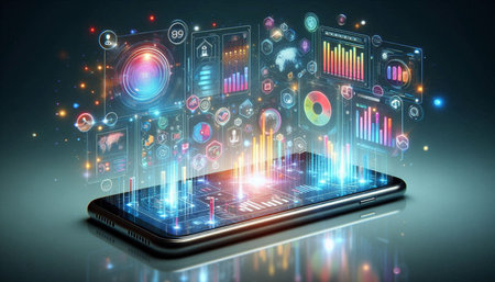 Smartphone with glowing business charts and diagrams on dark background 3D rendering