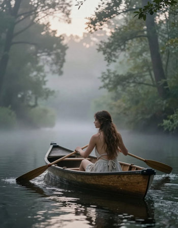 Beautiful girl in a boat on the lake in the morning mist