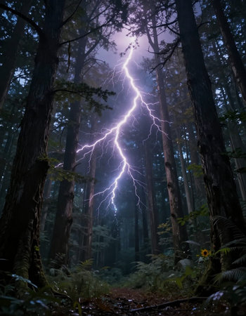 Lightning strike in the dark forest. Thunderstorm in the dark forest.
