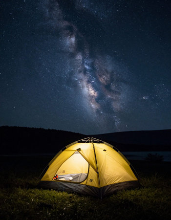 Tourist camping tent under the milky way and starry sky.