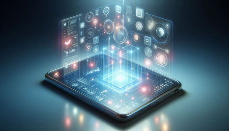 Smartphone with hologram screen on dark background. 3d rendering