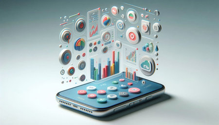 Smartphone with business icons on the screen. 3d illustration.の写真素材