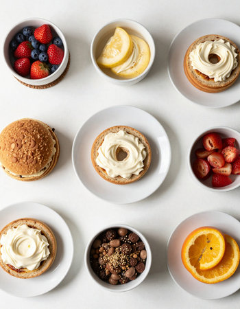 Healthy breakfast with oatmeal muffins and berries on white background.