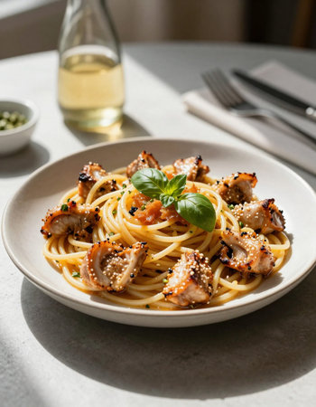spaghetti with chicken and basil on a white plate in a restaurantの写真素材