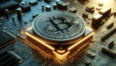 Golden bitcoin on the motherboard. Cryptocurrency concept. 3D illustration.