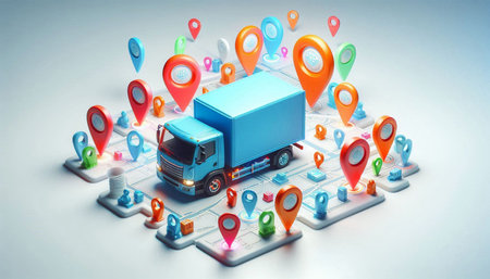 Truck on map with colorful pointers. Transportation and logistics concept.