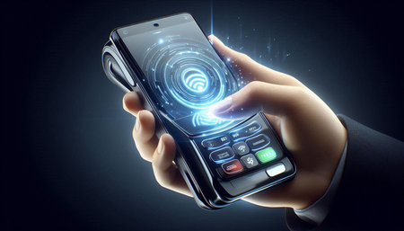 Hand holding mobile phone with NFC technology concept. 3D Rendering