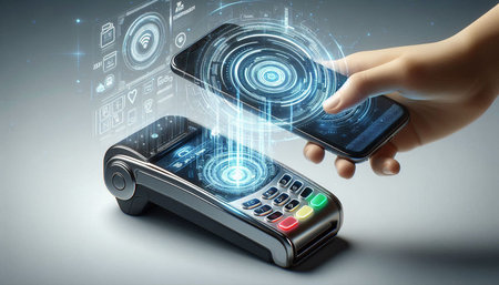 Close up of hand using mobile phone with NFC technology concept on background