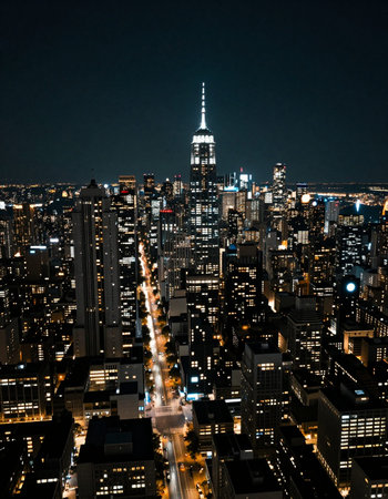 New York City Manhattan downtown skyline panorama with Empire State Building at night.
