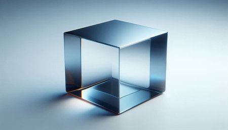 3d render of a glass cube on a blue background with highlights