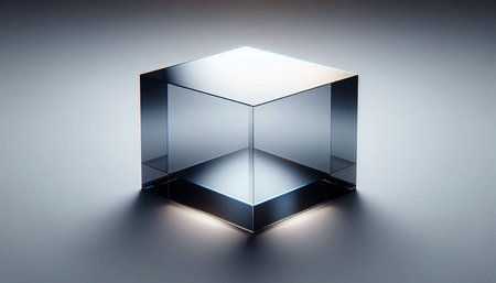 3d render of a glass cube with light on a grey background